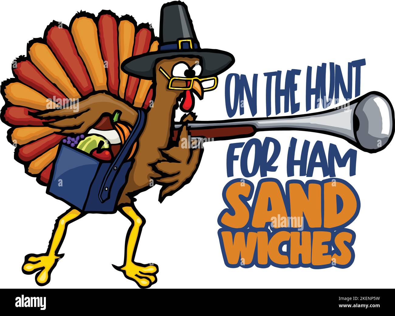 funny pilgrim thanksgiving turkey with musket Stock Vector