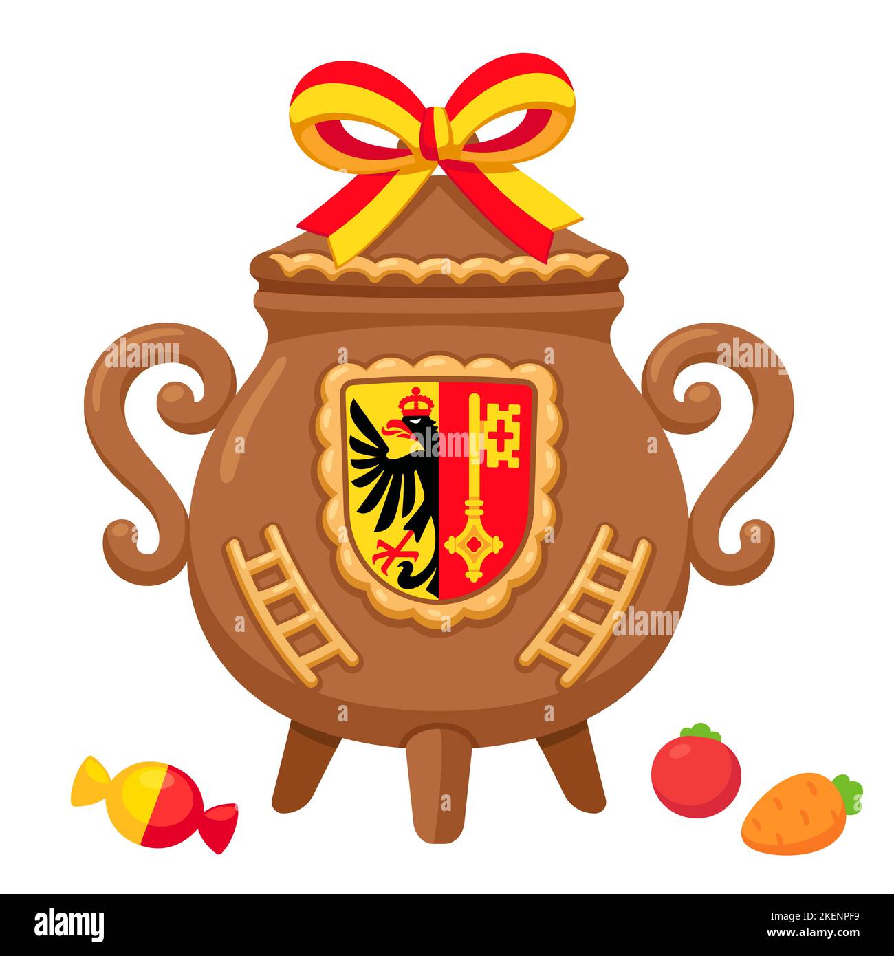 Fête de L'Escalade traditional festival in Geneva, Switzerland. Chocolate cauldron with marzipan and candy. Cartoon vector clip art illustration. Stock Vector