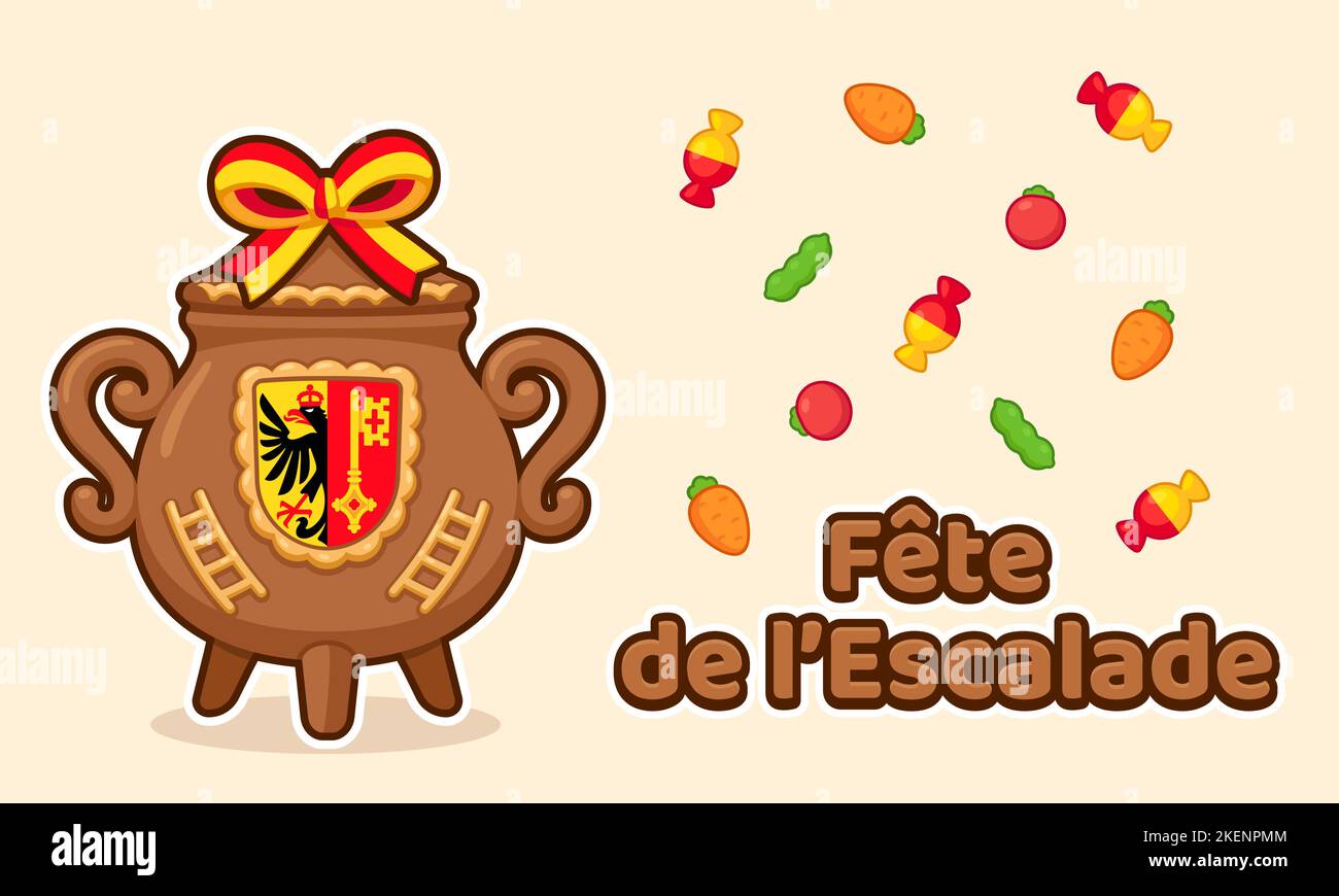 Fête de L'Escalade (Escalade Festival) traditional holiday in Geneva, Switzerland. Chocolate cooking pot with marzipan and candy. Vector illustration. Stock Vector