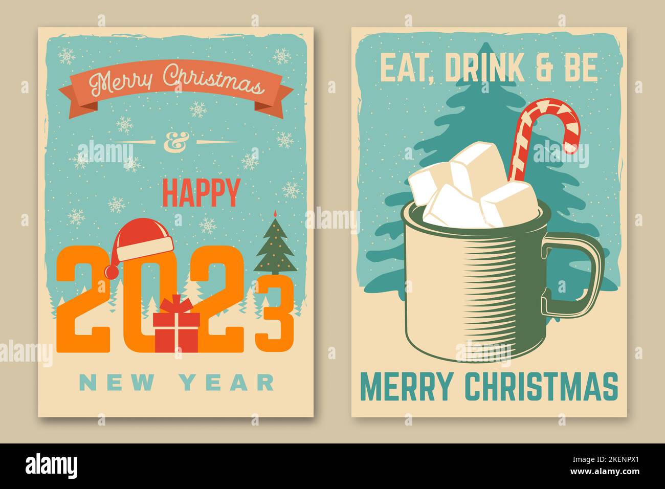 Set of Merry Christmas and 2023 Happy New Year poster, flyer, greeting cards with mug of hot chocolate with marshmallows and christmas tree. Vector Stock Vector