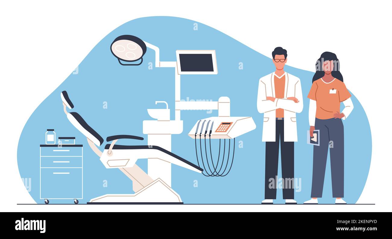 Dentists team. Empty dental chair, professional doctors characters ...