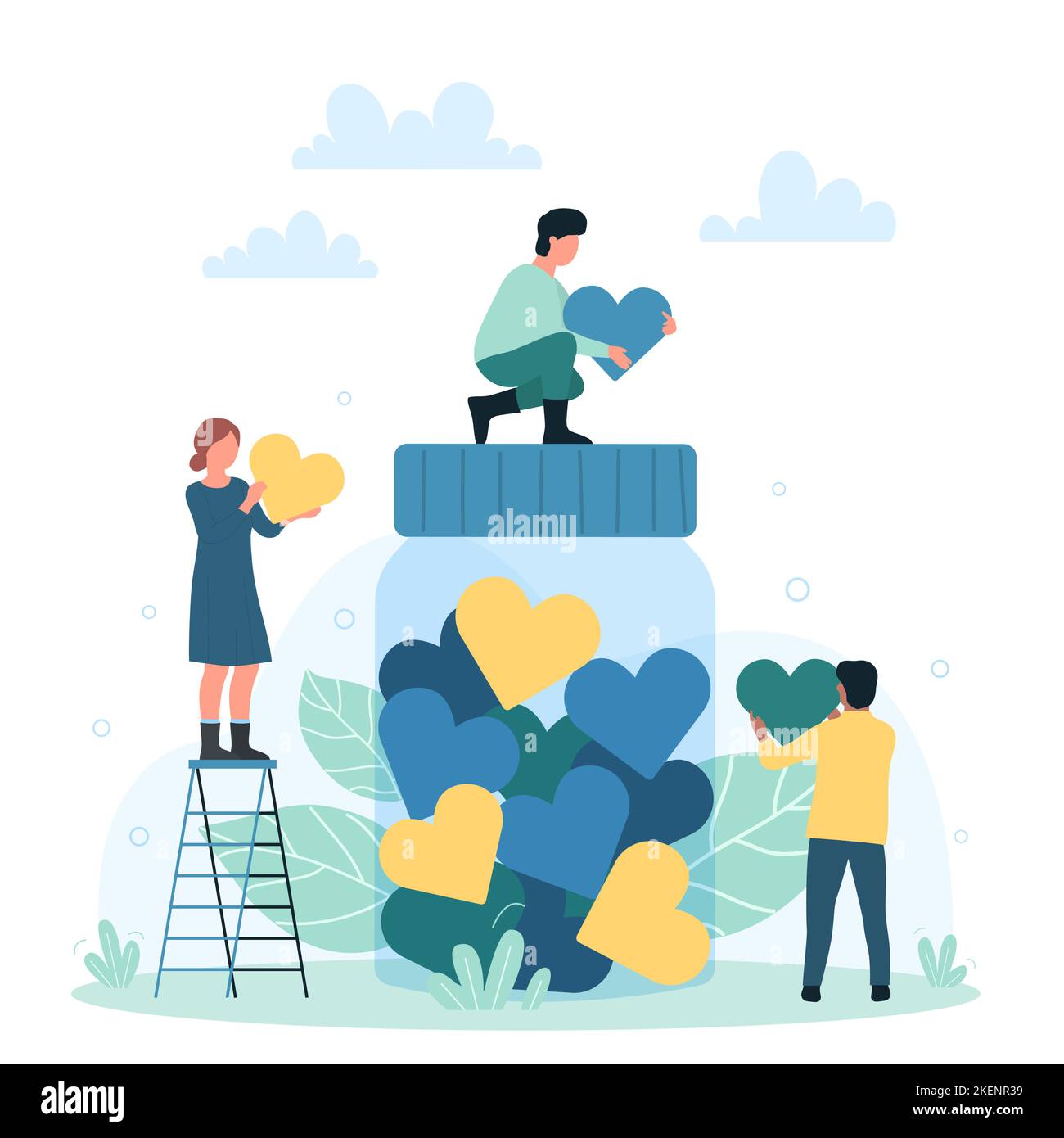 Charity campaign and generous social help vector illustration. Cartoon tiny people donate hearts into jar, volunteers give support and care, blood and money to save life and health. Awareness concept Stock Vector