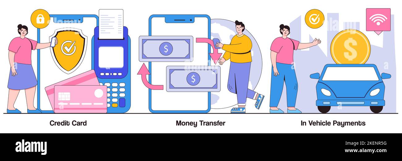 Credit card, money transfer, in vehicle payments concept with people characters. Digital payment abstract illustration pack. Online cashback service, Stock Vector