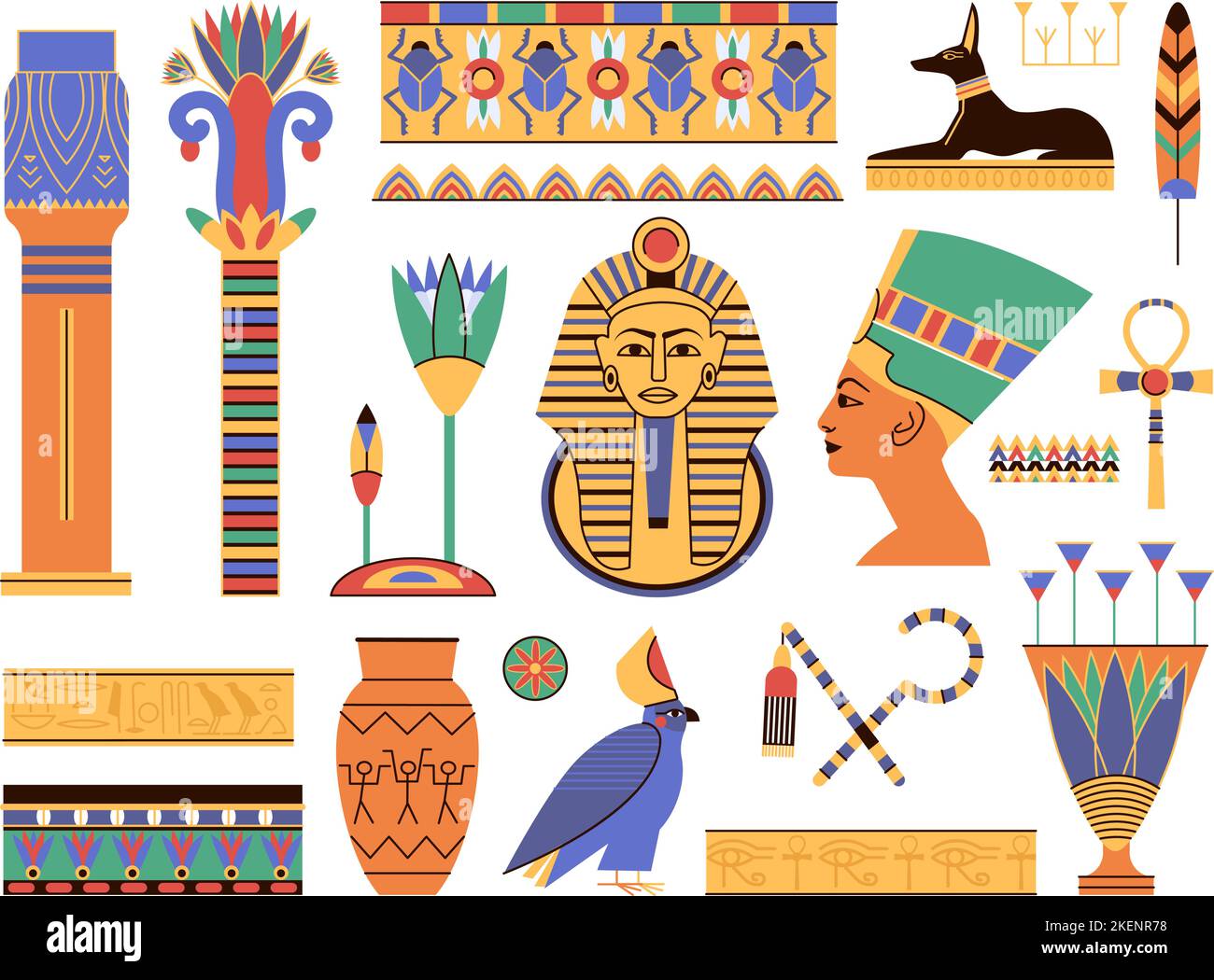 Ancient egypt elements. Egyptian landmark, monument ruins and sculpture. Ornamental decorative symbols, column and gold pharaon decent vector kit Stock Vector