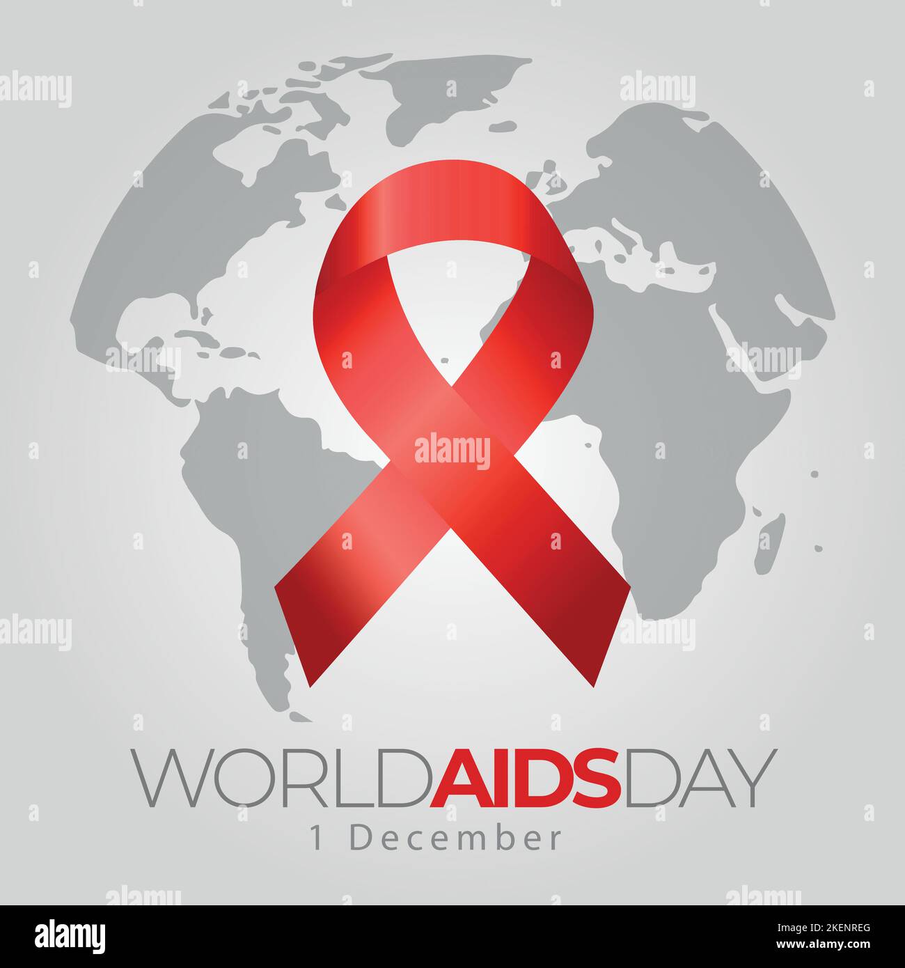 Vector in square format of a red ribbon, symbol of world aids day on the world map. december 1st hiv day Stock Vector
