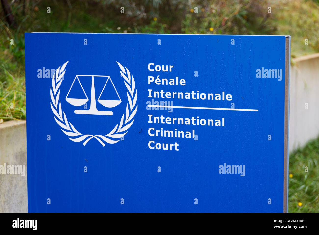 The Hague, Netherlands. 31th Oct 2022. International Criminal Court entrance sign in The Hague, Netherlands. Stock Photo