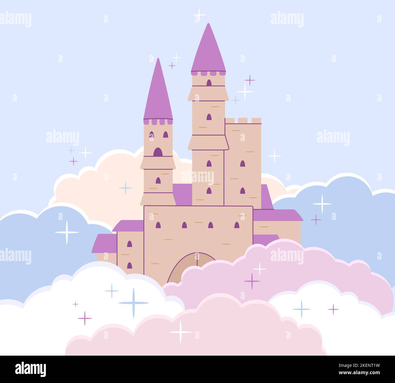 Castle medieval background. Fairytale pink fort in cartoon clouds. Princess fantasy building, tale magic palace. Baby fortress decent vector design Stock Vector