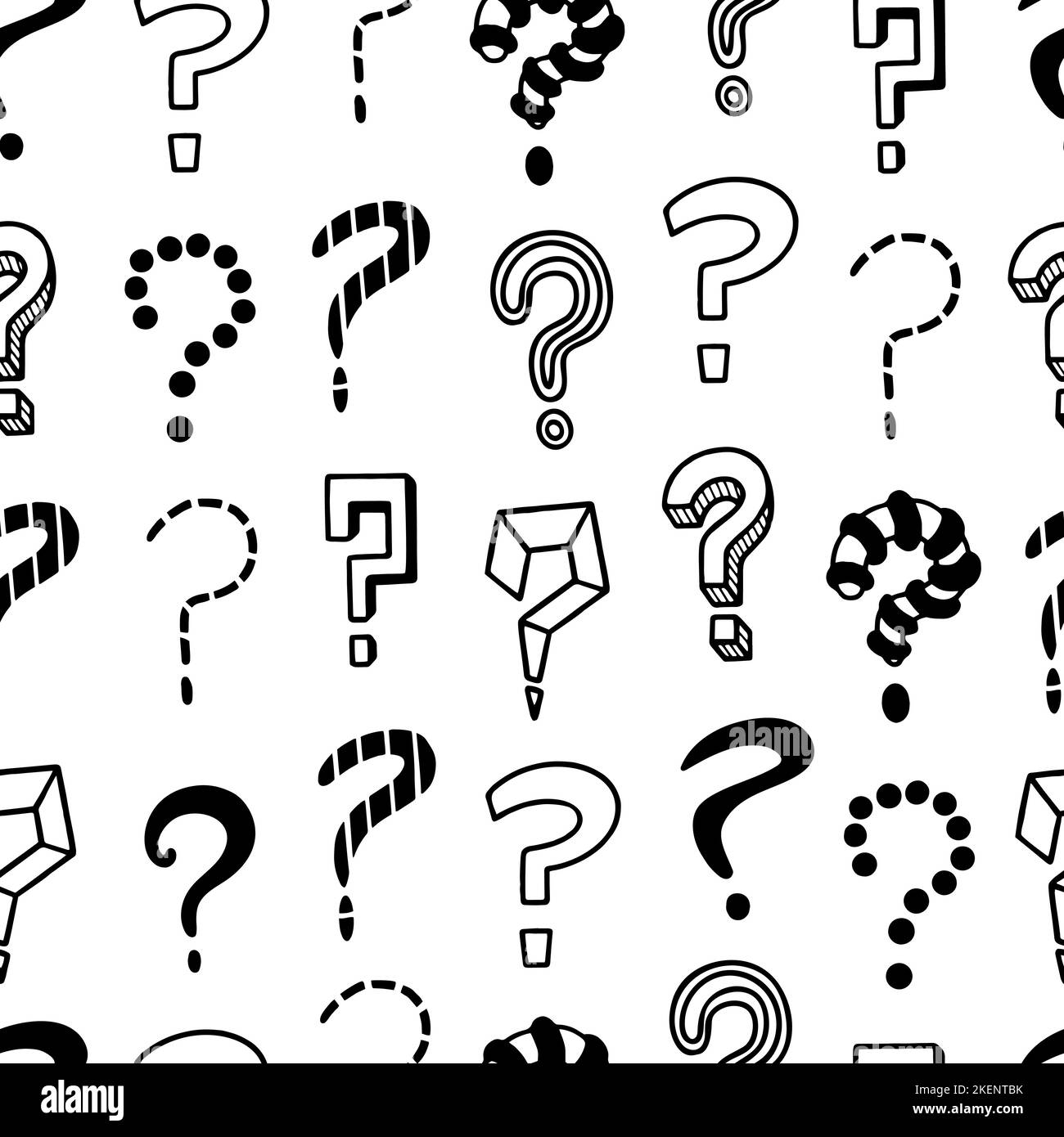 Question seamless pattern. Questions doodle marks, interrogation points random print. Hand drawn creative background, think or doubt neoteric vector Stock Vector