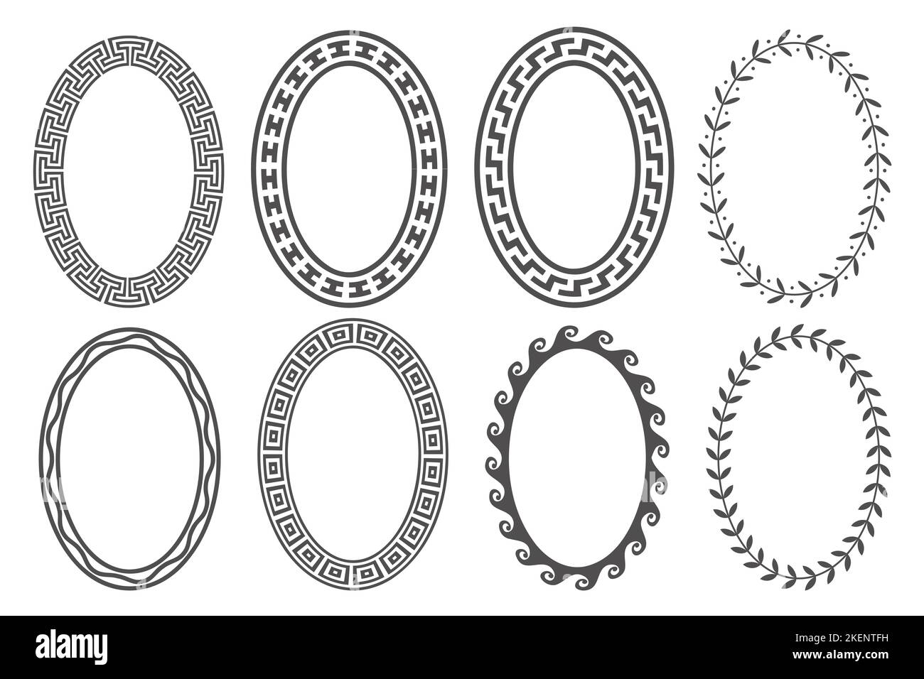 Greek key oval frame set. Circle borders with meander ornaments. Ellipse ancient designs. Vector Stock Vector