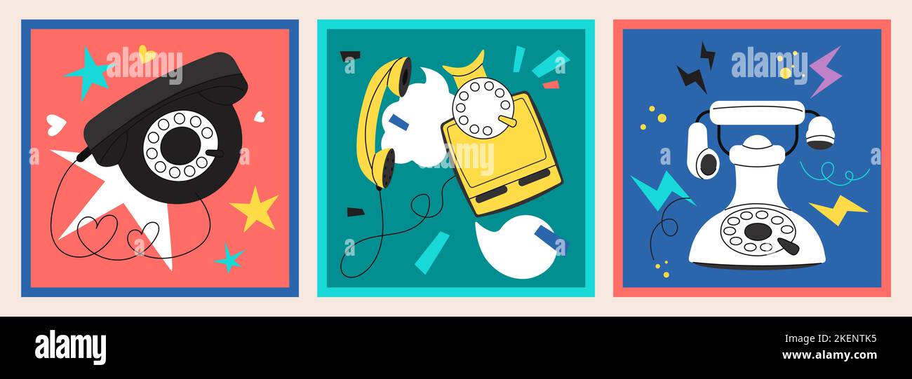 Trendy vintage dial phones. Wire telephones, retro digital electronic communication device. 90s style telephone, call abstract decent vector Stock Vector