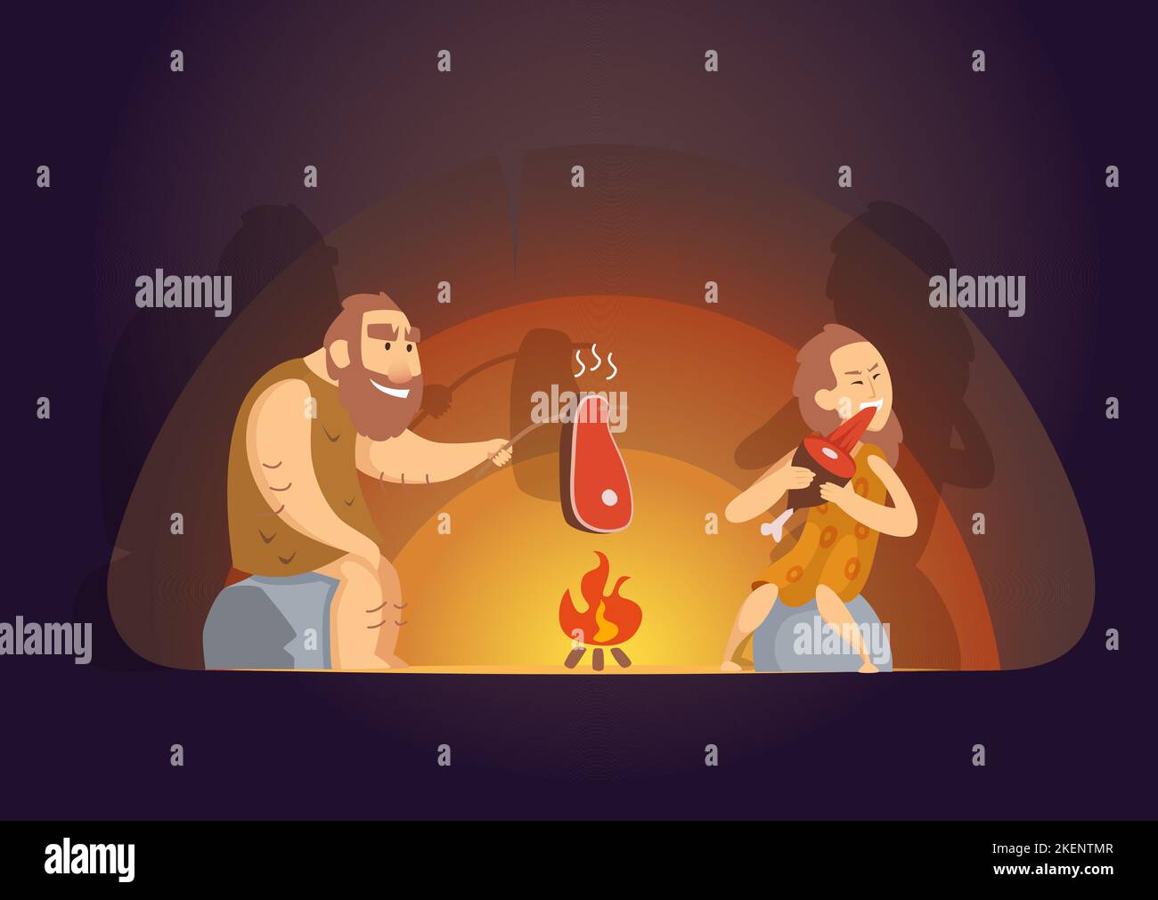 Cave people. wild persons male and female eating meat in cave. Vector cartoon background Stock Vector