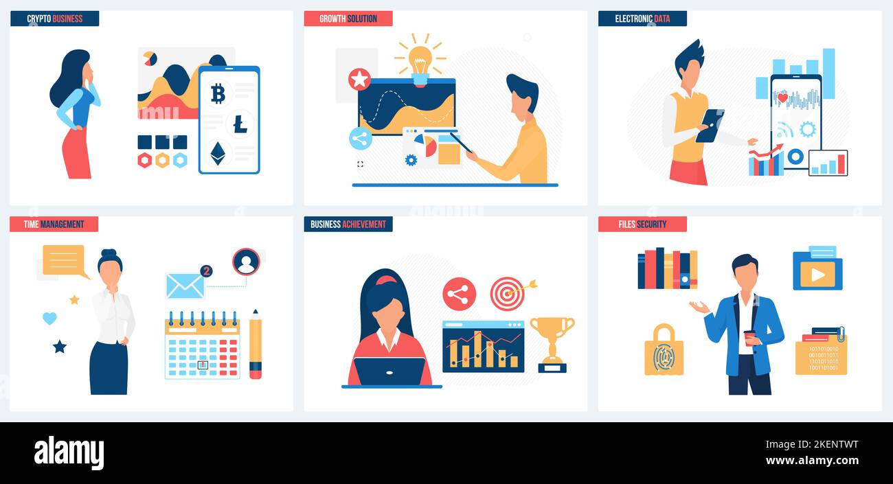 Business achievement, time management, safety of online data and crypto  investment set vector illustration. Cartoon tiny people work with  transaction of virtual money, win trophy for success solution Stock Vector  Image &