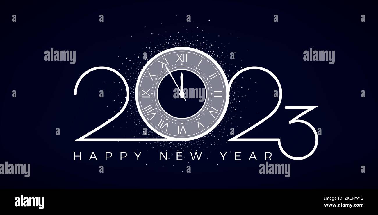 Happy 2023 New Year. Holiday celebration. White number 2023 with clock instead zero and snowflakes around it. Festive countdown. Vector illustration Stock Vector