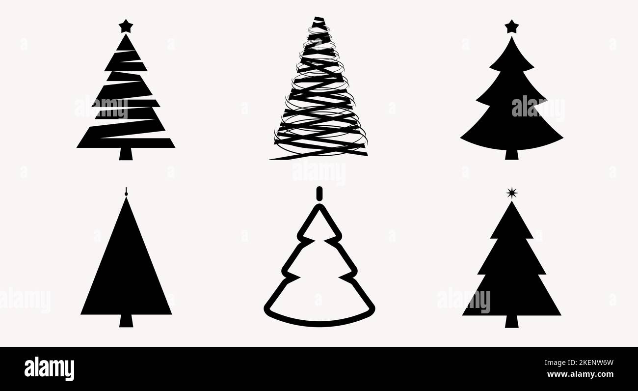 Six silhouettes of Christmas trees of different shapes. Christmas