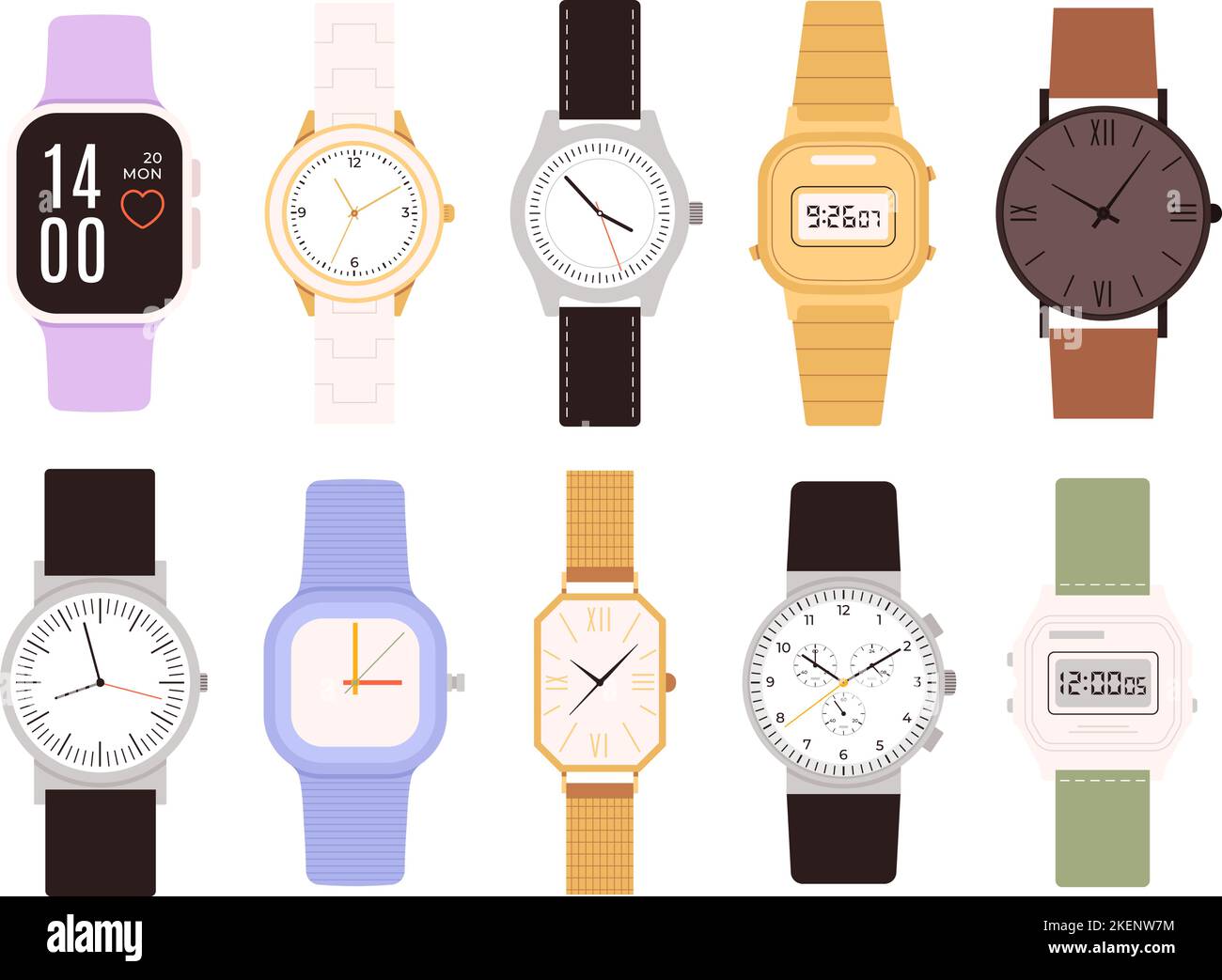 Smartwatch and wristwatch icons. Woman watch, modern and vintage