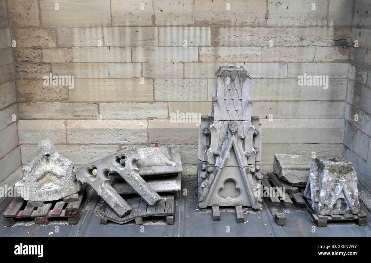 Stone architectural fragments are pictured outside Sainte-Chapelle, a landmark former royal chapel in Paris that's now open to the public. Stock Photo