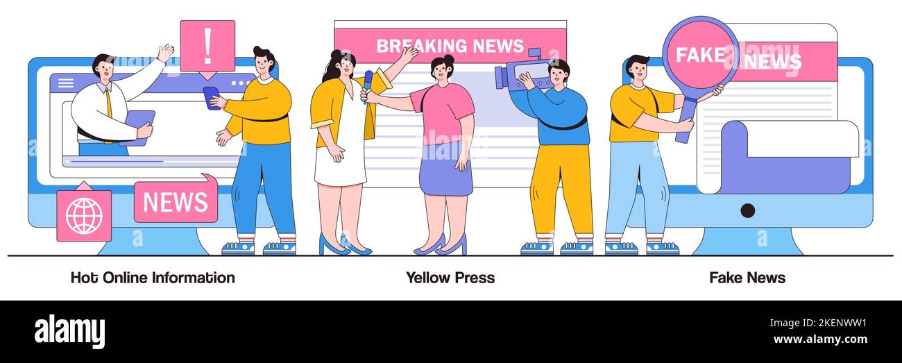 Hot online information, yellow press, fake news concept with people characters. Headline content illustration pack. Breaking, paparazzi media, online Stock Vector