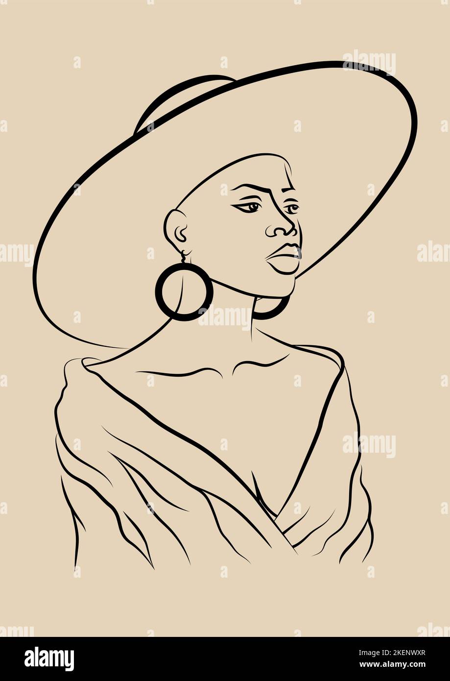 African woman in hat linear drawing illustration Stock Vector Image ...