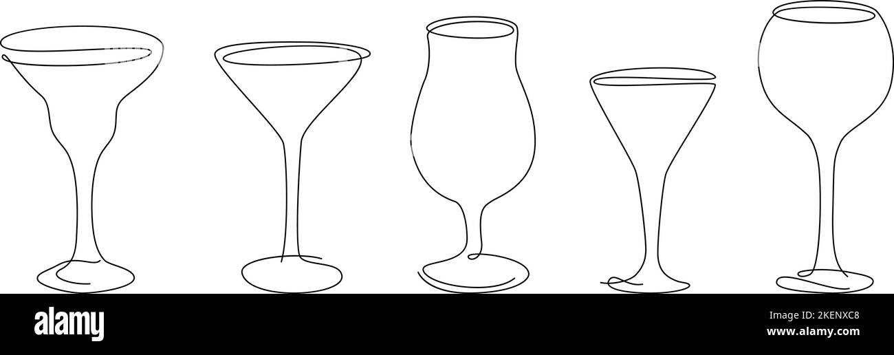 Simple one line cocktail glasses. Continuous lines wine, martini, summer drink glass. Vector drinks, bar alcoholic and nonalcoholic beverages Stock Vector