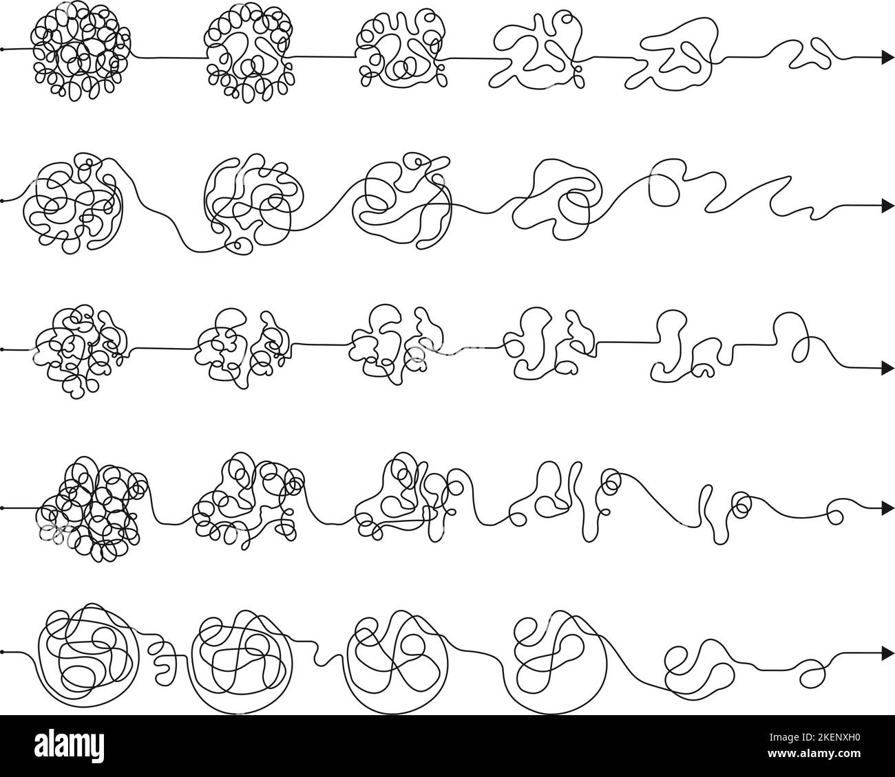 Simplification process tangled lines. From mess transition to clarity. Simple concept of problem solutions. Chaos and solving decent vector set Stock Vector