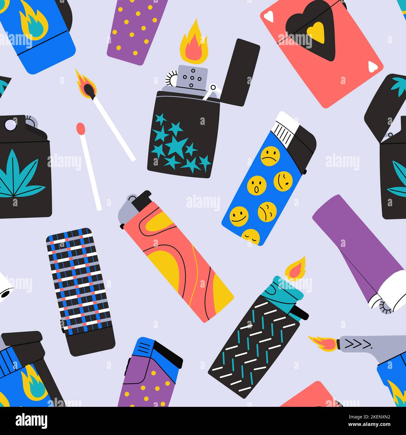 Decorative cartoon lighters seamless pattern. Burning wood match, fire