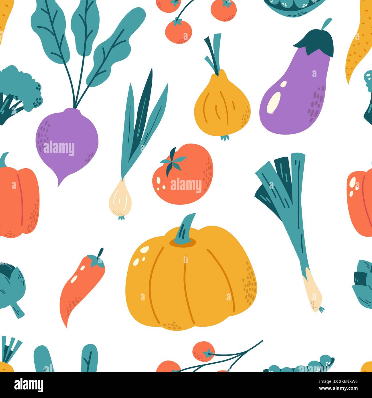 Organic doodle vegetables seamless pattern. Tasty vegetabla, restaurant kitchen textile colorful print. Fresh food snugly vector background Stock Vector