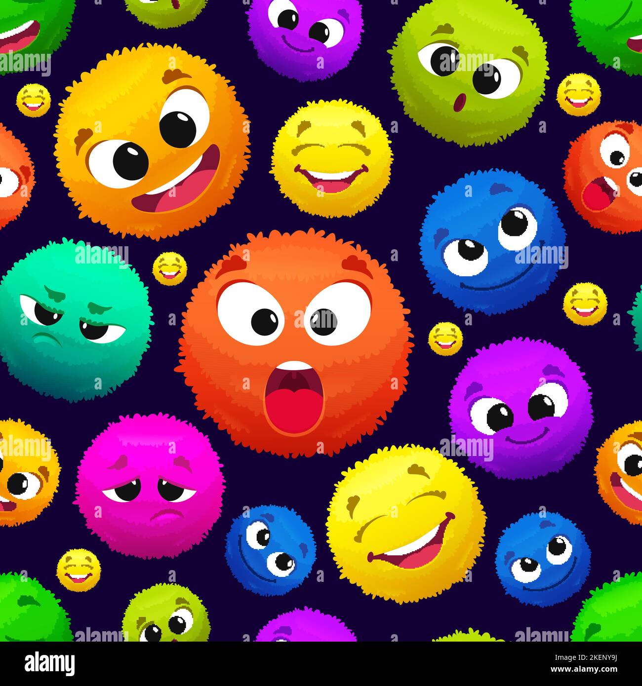 Fluffy emoticons pattern. colored round fluffy characters. Vector seamless background Stock Vector