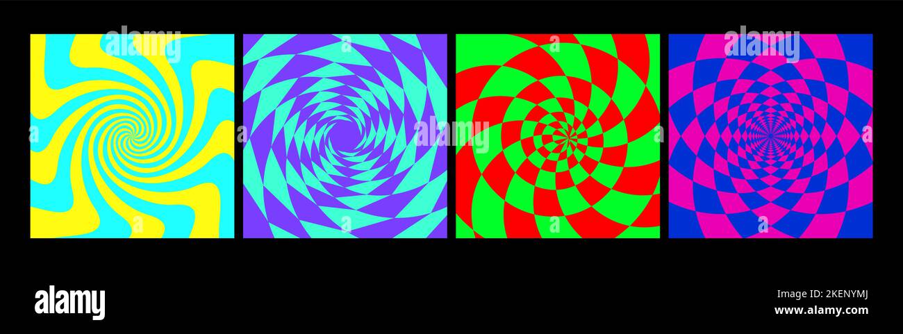 Psychedelic neon spirals, acid colors squares with rounds and liquid forms. Hypnotic optical illusions vector cards Stock Vector