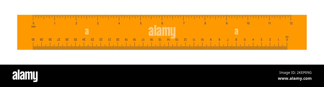 Wooden or plastic orange ruler with 12 inch and 30 centimeter scale. Distance, height or length measurement math tool. Horizontal measuring chart with markup and numbers. Vector flat illustration Stock Vector