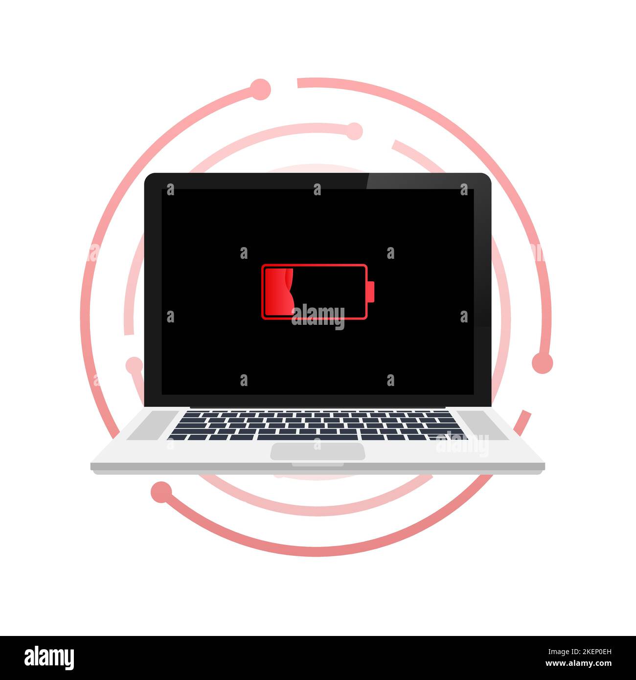 Laptop with low battery icon on screen. Vector stock illustration. Stock Vector