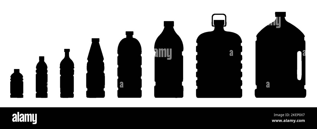 Plastic bottle for clean mineral water icon set. different shapes flask black solid symbol. Recycling container blank silhouette sign for liquid product isolated on white. Tare for beverage Stock Vector