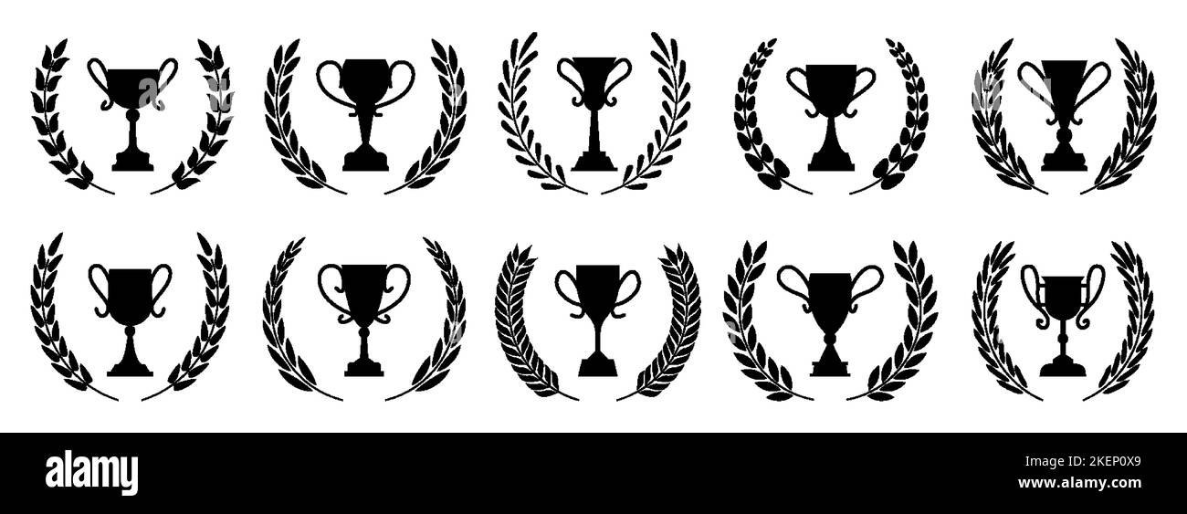 Goblet with laurel wreath black glyph icon set. 1st 2nd 3rd place different shape winner award. Champion prize heraldic emblem. Victory leaderships trophy cups. Best choice symbol. Championship signs Stock Vector