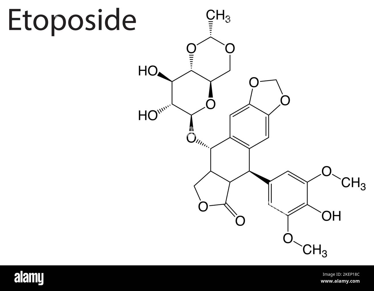 The skeletal formula of Etoposide on white background Stock Vector