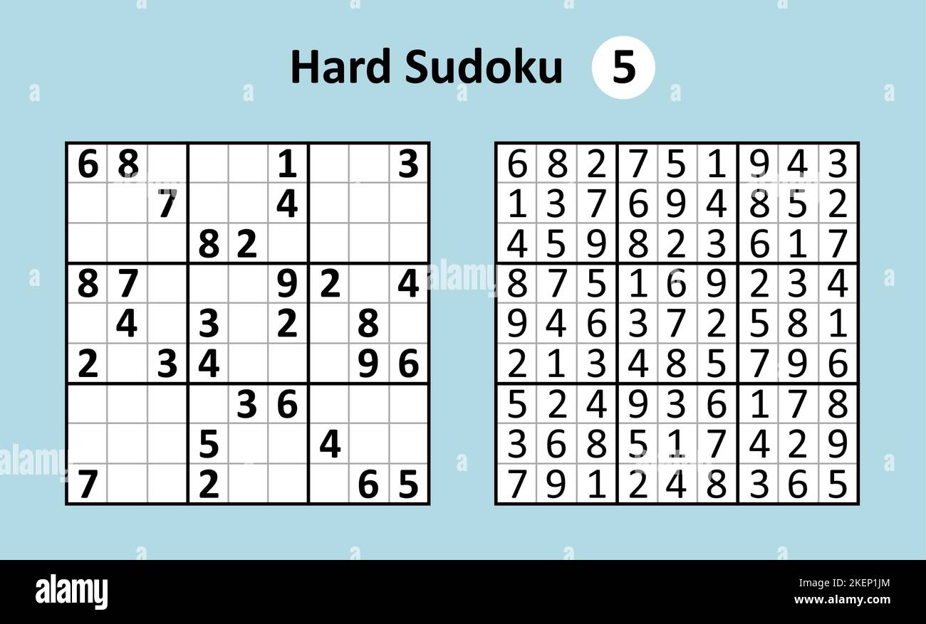 Sudoku game with answers. Hard complexity. Simple Stock Vector Image