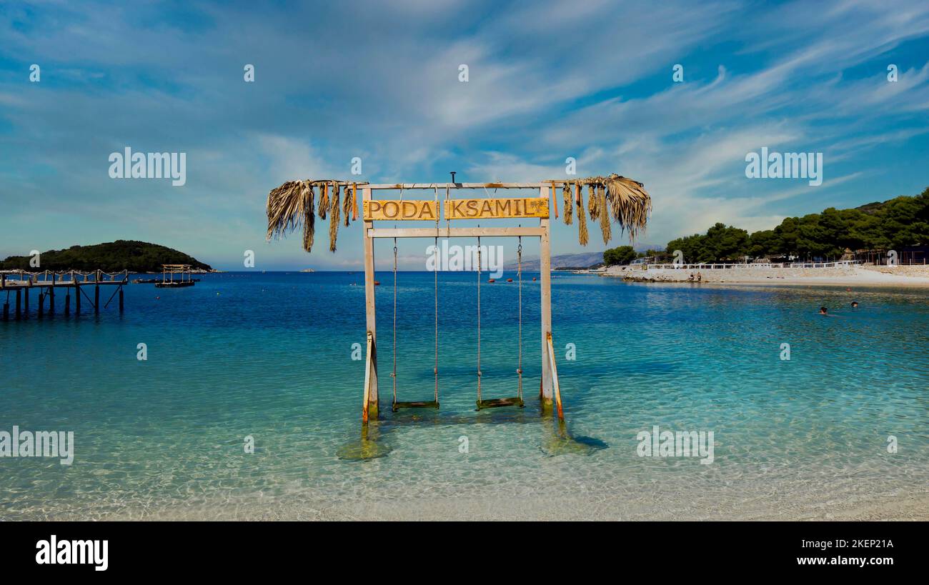Double swing on the beach in Ksamil, Albania Stock Photo