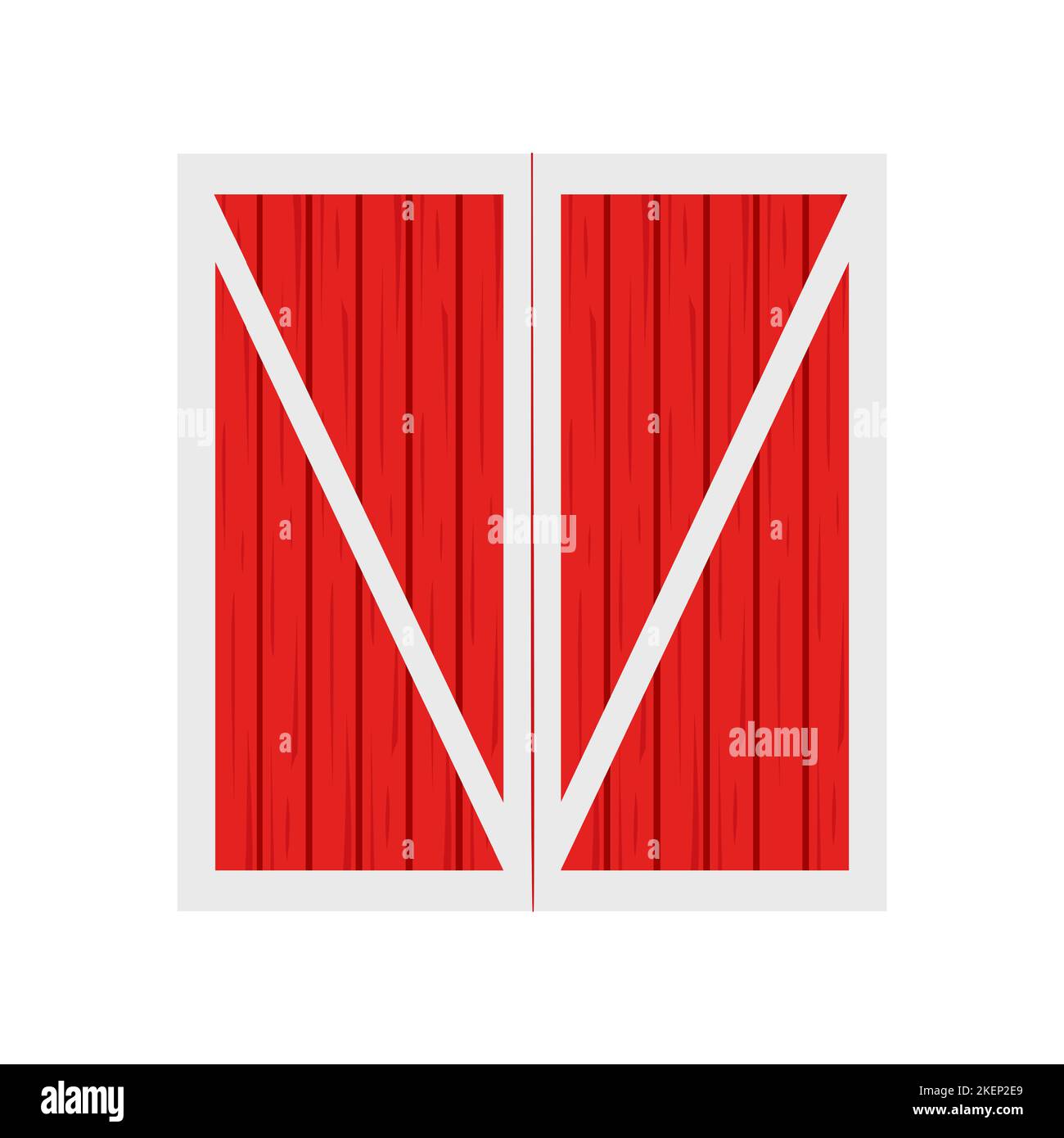 Red wooden barn door. Front view. Element of farm warehouse building isolated on white background. Vector cartoon illustration. Stock Vector
