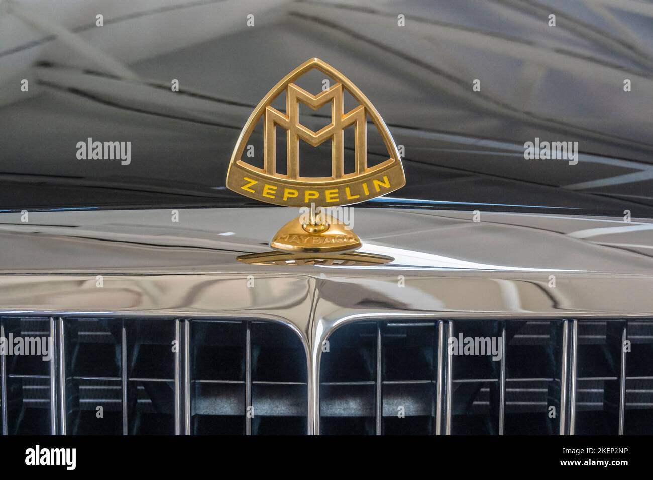 2010 Maybach 57S Zeppelin Saloon hood ornament. This used luxuary vehicle is for sale at an estimated price between $150,000 and $200,000 US. Stock Photo