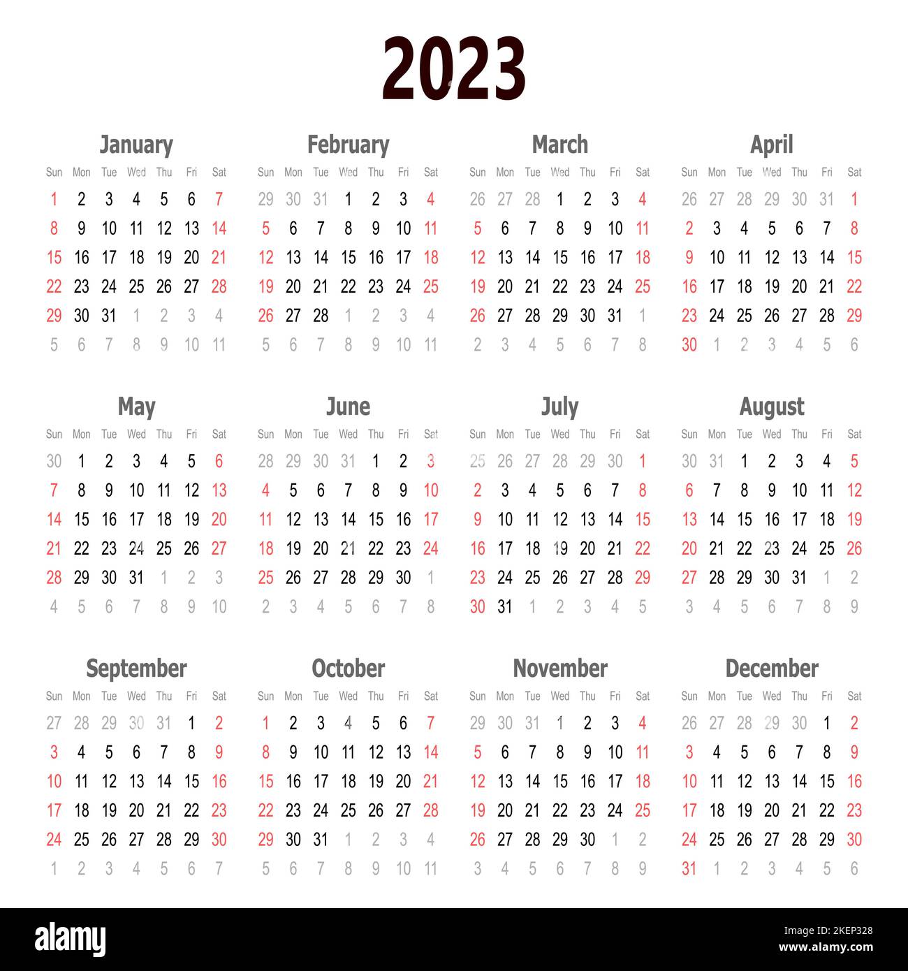 2023 Calendar vector illustration. 2023 calendar template. Simple calendar design. Calendar Stock Vector