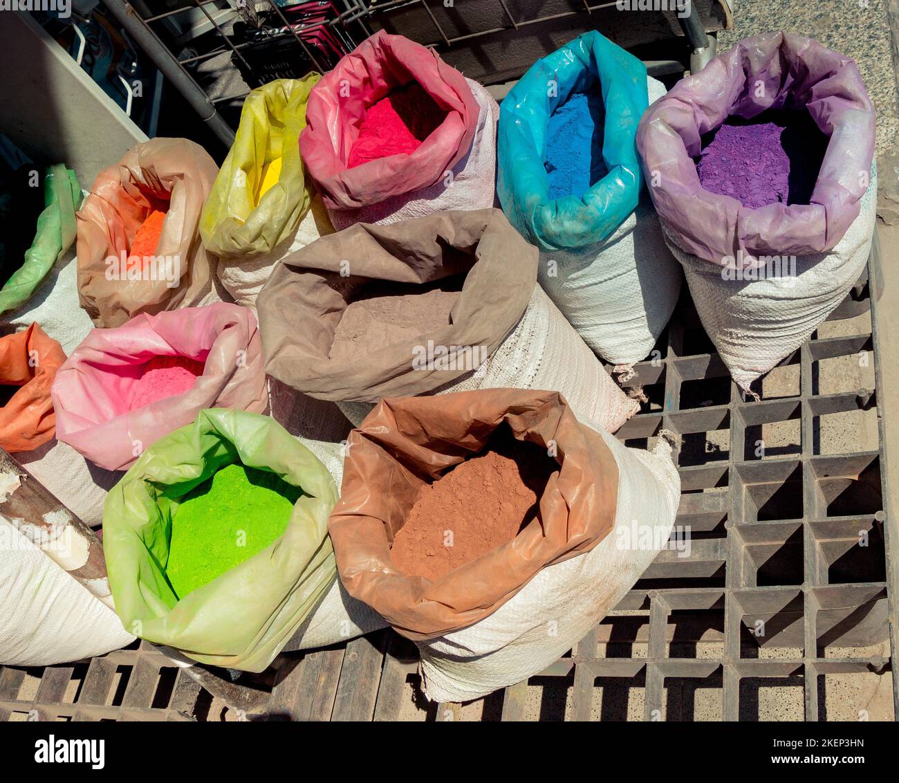 Sacks with paint pigment in different colors for sale Stock Photo
