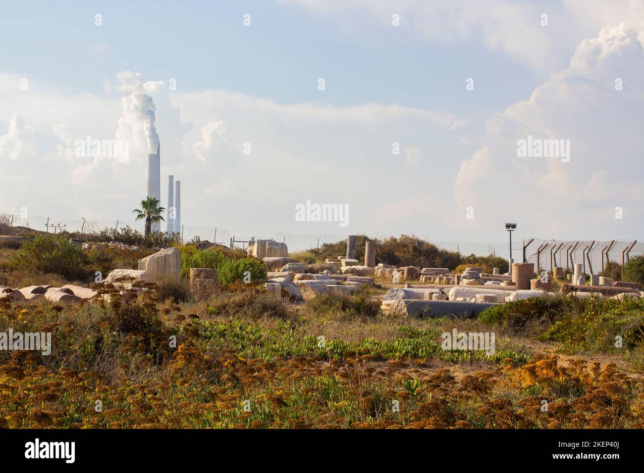 2 November 2022 Some of the smoke stacks at the Israeli Orot Rabin Power Plant located on the Mediterranean coast of Israel taken from Caeserea Stock Photo