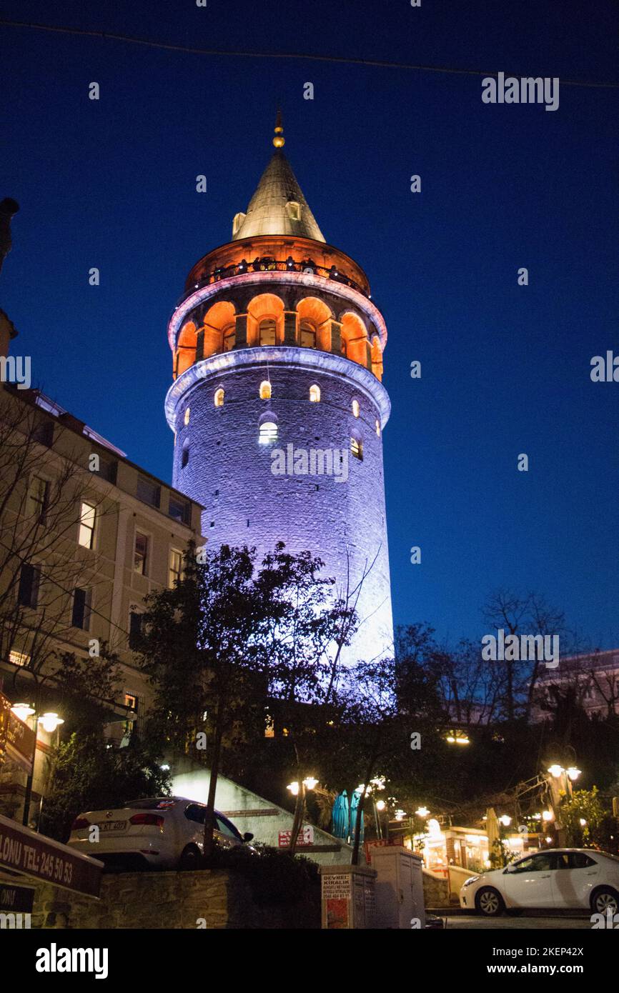 Night view of the Galata Tower from Byzantium times in Istanbul Stock ...