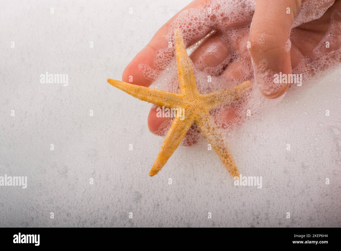 Hand holding starfish in water covered with foam Stock Photo