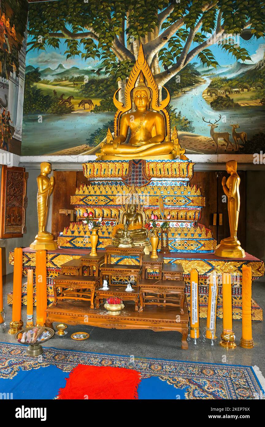 Gilded gold-coloured Buddhist altar with statue of seated Buddha in background mural with deer, Buddhist temple Wat Sri Sunthon, Thalang, Phuket Stock Photo