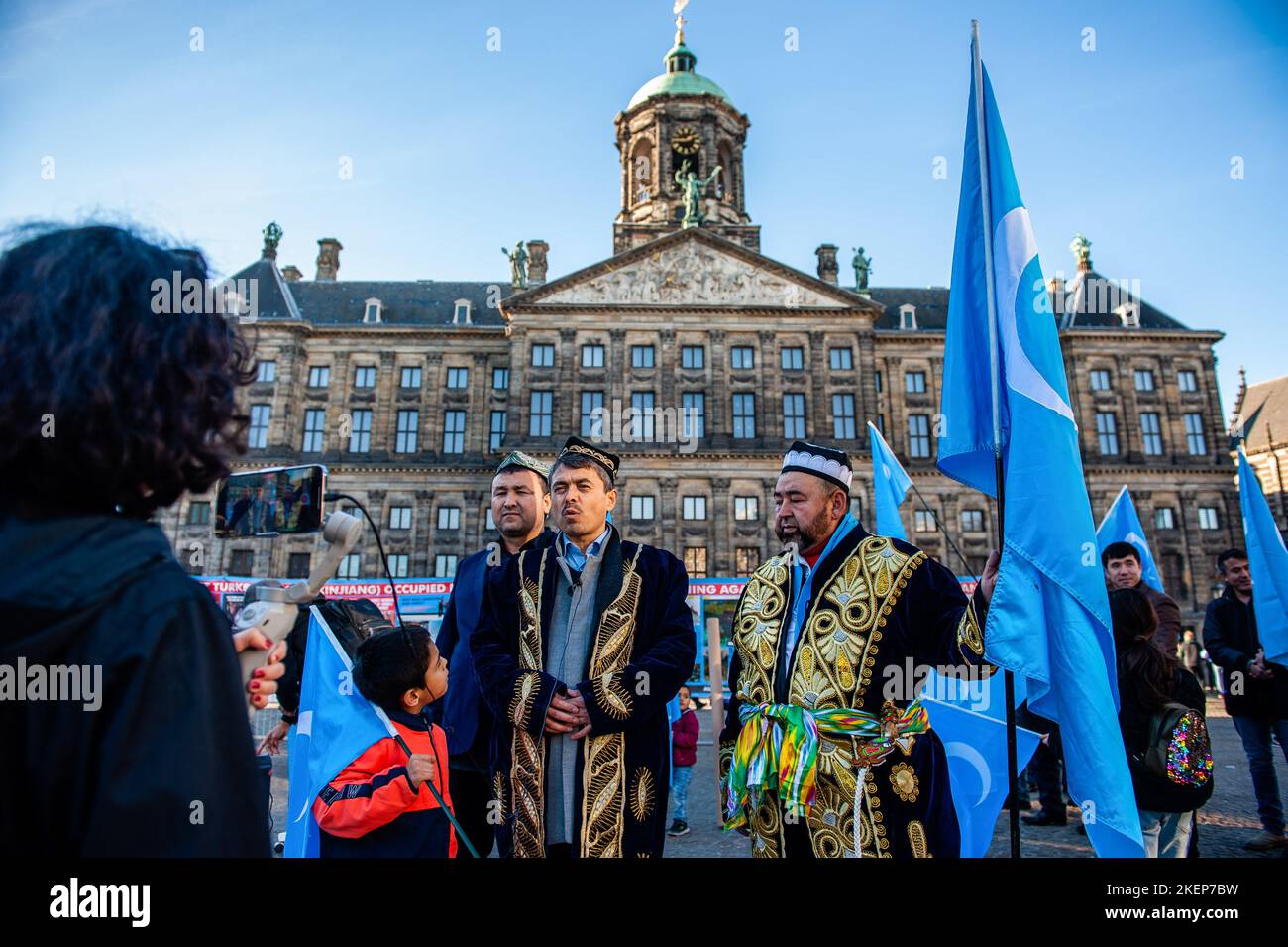 An Uyghur man is seen being interviewed during an event to commemorate the 'National Day of East Turkistan'. November 12th marks the Republic Day of East Turkistan, which is also known as Xinjiang Uyghur Autonomous Region of China, the Uyghur community living in The Netherlands, organized an event to commemorate the 'National Day of East Turkistan' and to keep fighting against the Chinese government in order to take back their independence. The Chinese government has reportedly detained more than a million Muslims in reeducation camps. Most of the people who have been arbitrarily detained are Stock Photo