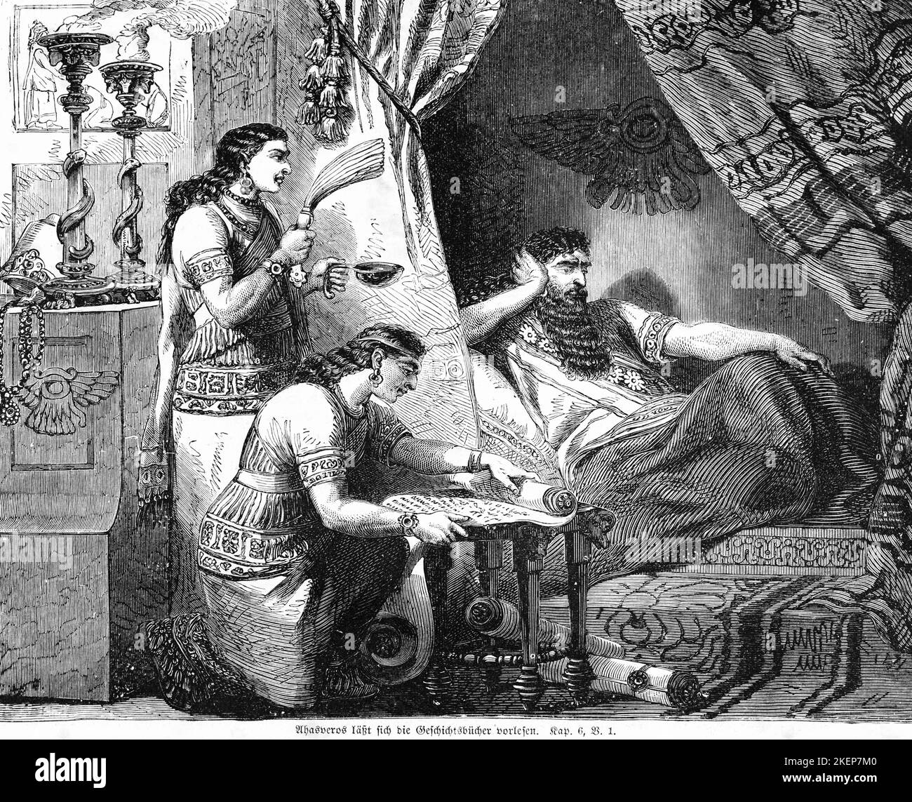 Ahasuerus has the history books read to him, bed, curtain, lights, woman, servants, king, bedchamber, chronicle, lie, kneel, Bible, Old Testament Stock Photo