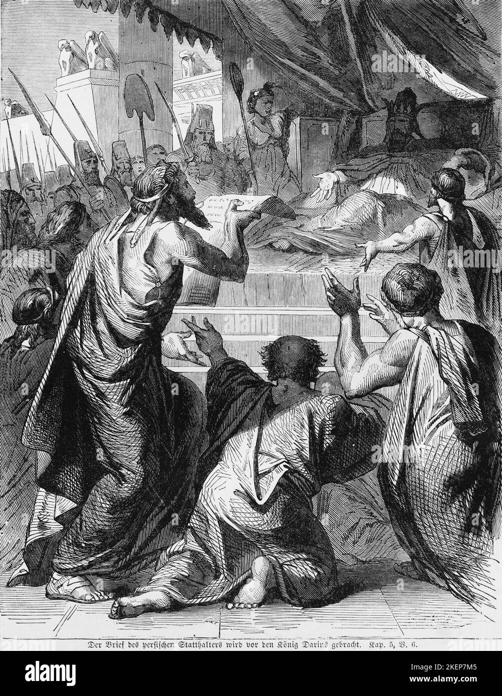 The letter of the Persian governor is brought in front of King Darius, Thathanai, Darium, Apharsach, governor, crowd, throne, letter, read, warriors Stock Photo