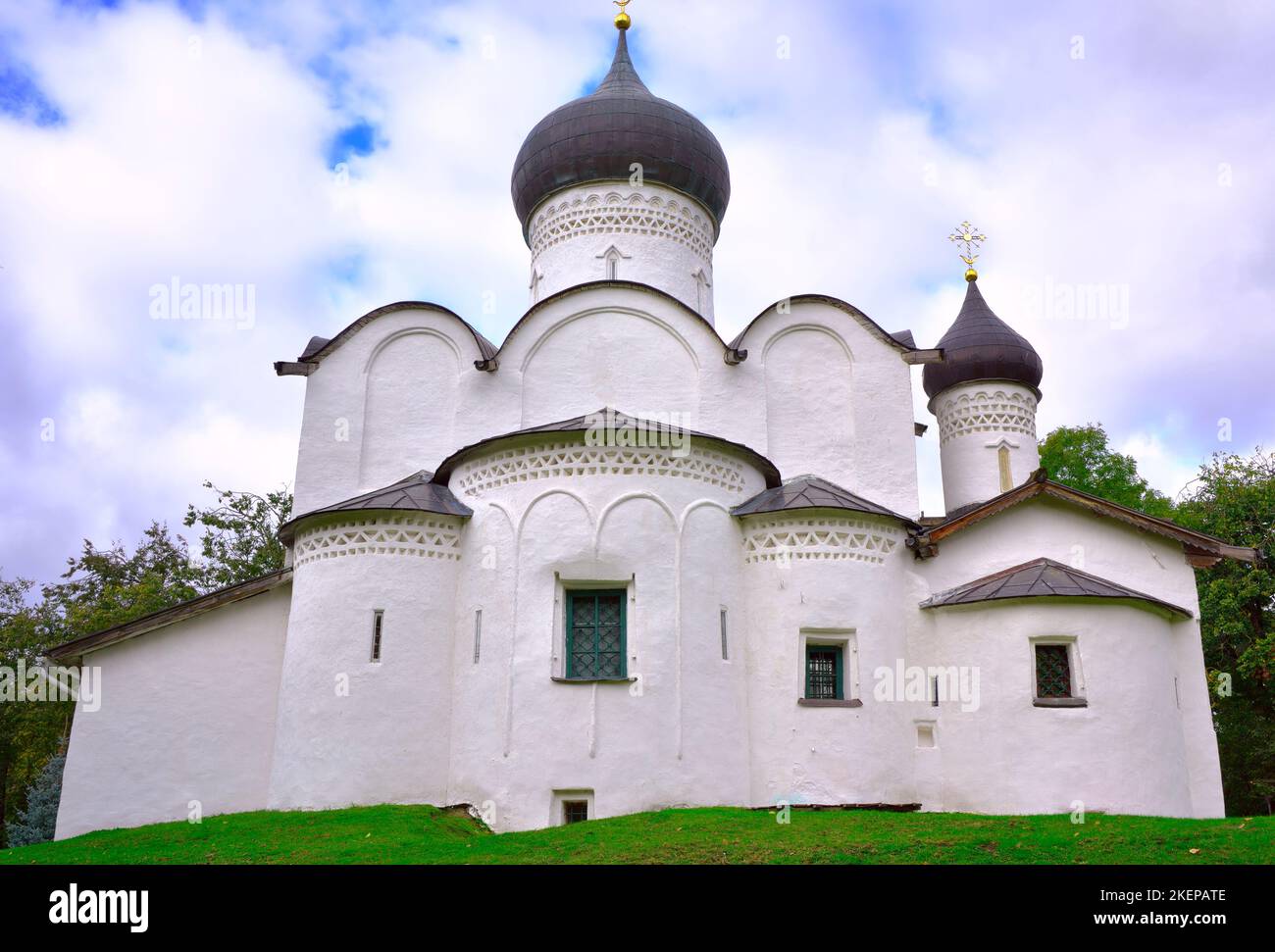 Churches in the Pskov style. The Church of St. Basil the Great on the Hill, a monument of Christian architecture of the XVI century. Pskov, Russia, 20 Stock Photo