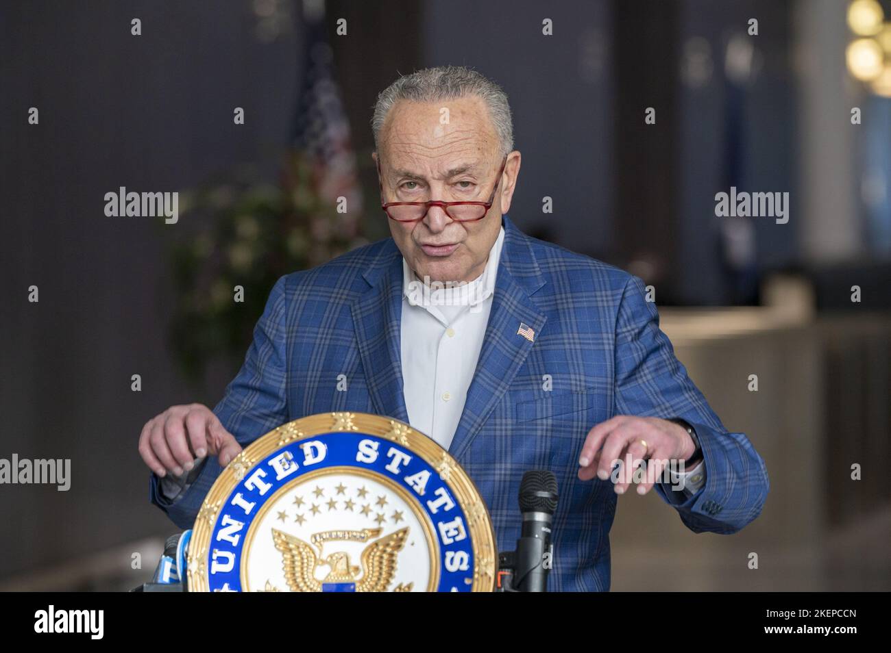 New York, New York, USA. 13th Nov, 2022. (NEW) Senator Schumer's Remarks After Democrats Keep Control Of Senate. November 13, 2022, New York, USA: Senate Majority Leader, U.S. Senator Chuck Schumer (D-NY) speaks to press after democrats keep control of senate on November 13, 2022 in New York City. Senator Schumer called the midterm elections ''a victory and a vindication'' for Democrats after the results of the Nevada U.S. Senate race handed control back to the party. The fate of the House was still uncertain as the GOP struggled to pull together a slim majority there. (Credit Im Stock Photo