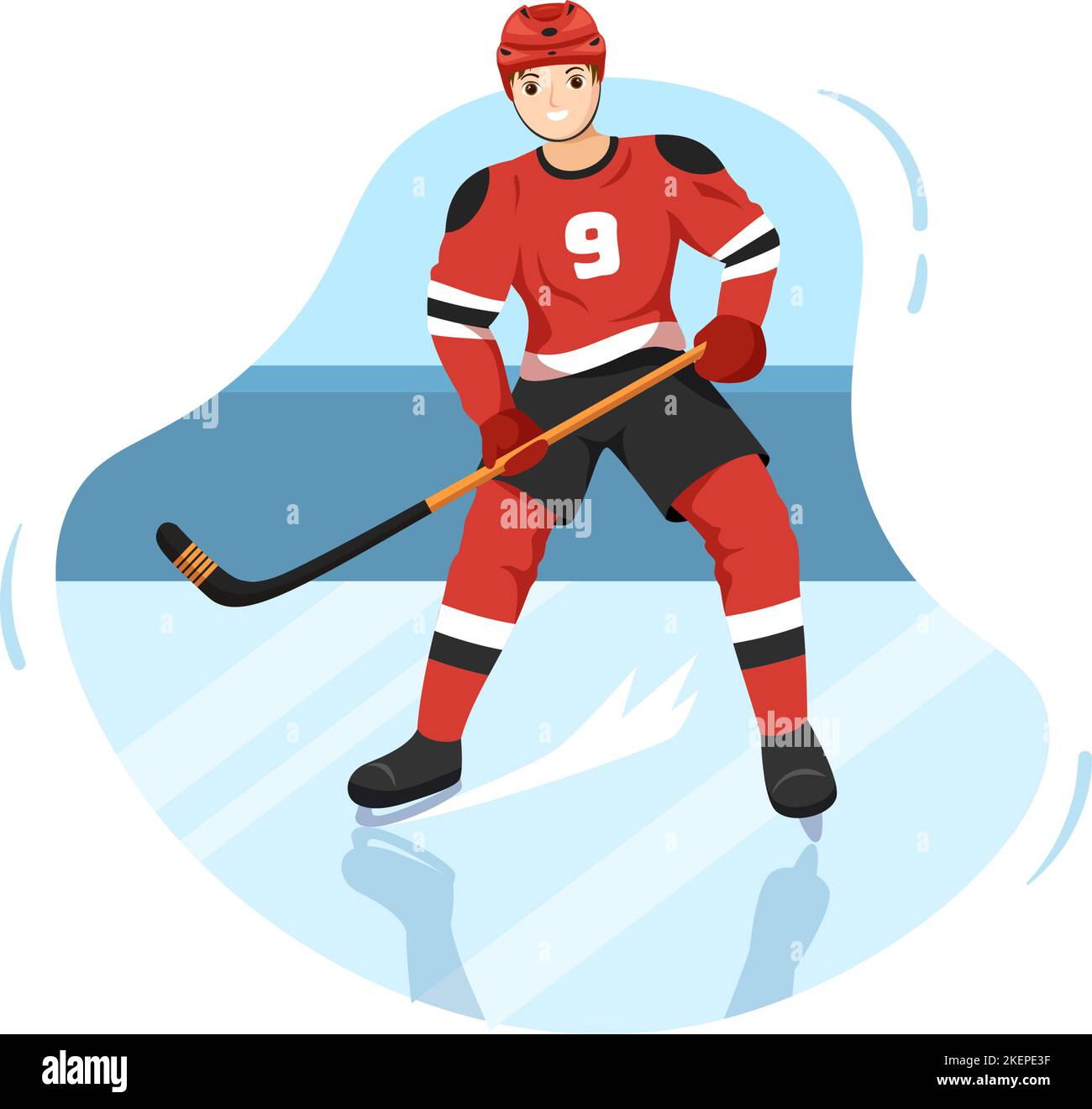 Ice Hockey Player Sport with Helmet, Stick, Puck and Skates in Ice