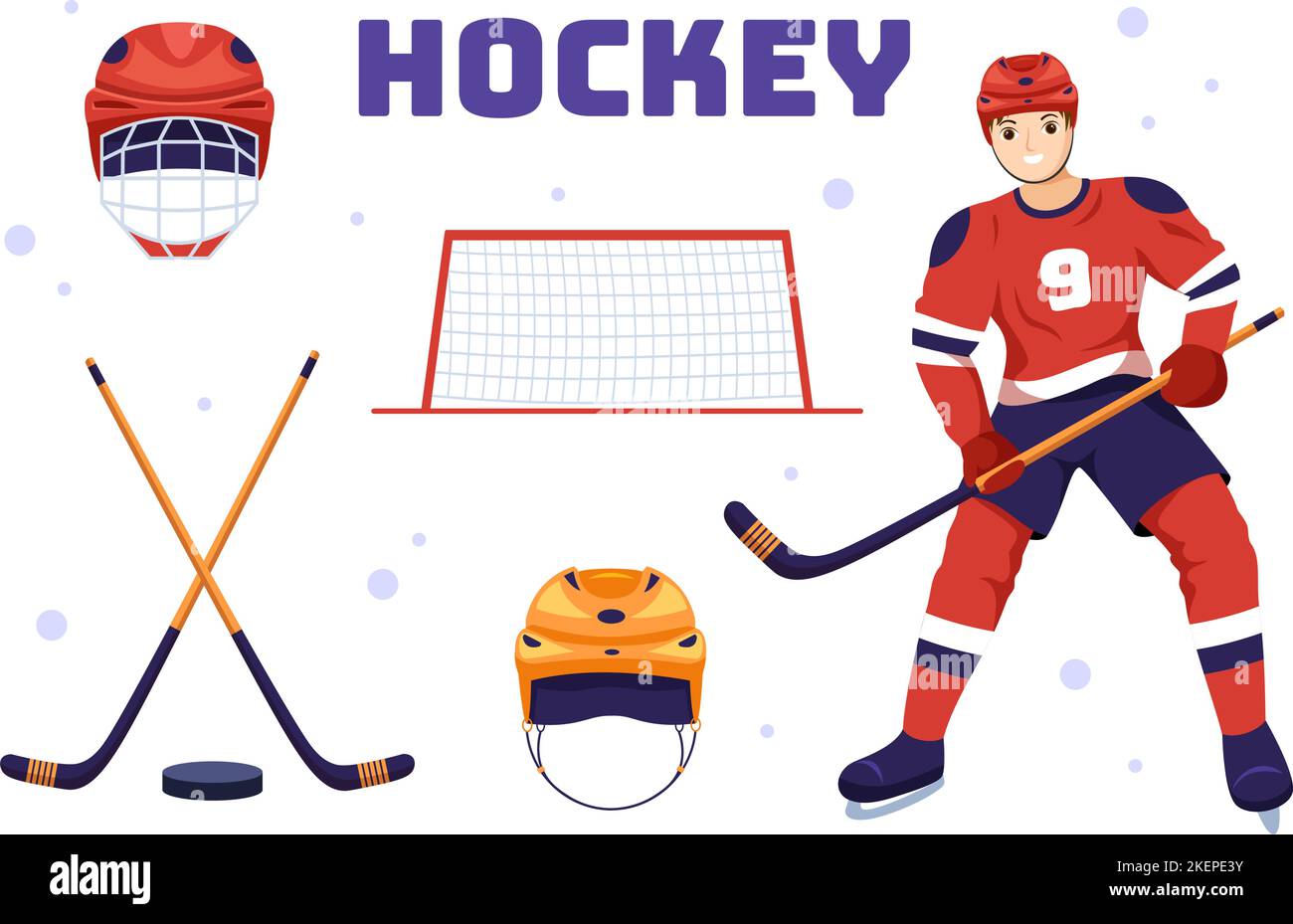 Ice Hockey Player Sport with Helmet, Stick, Puck and Skates in Ice